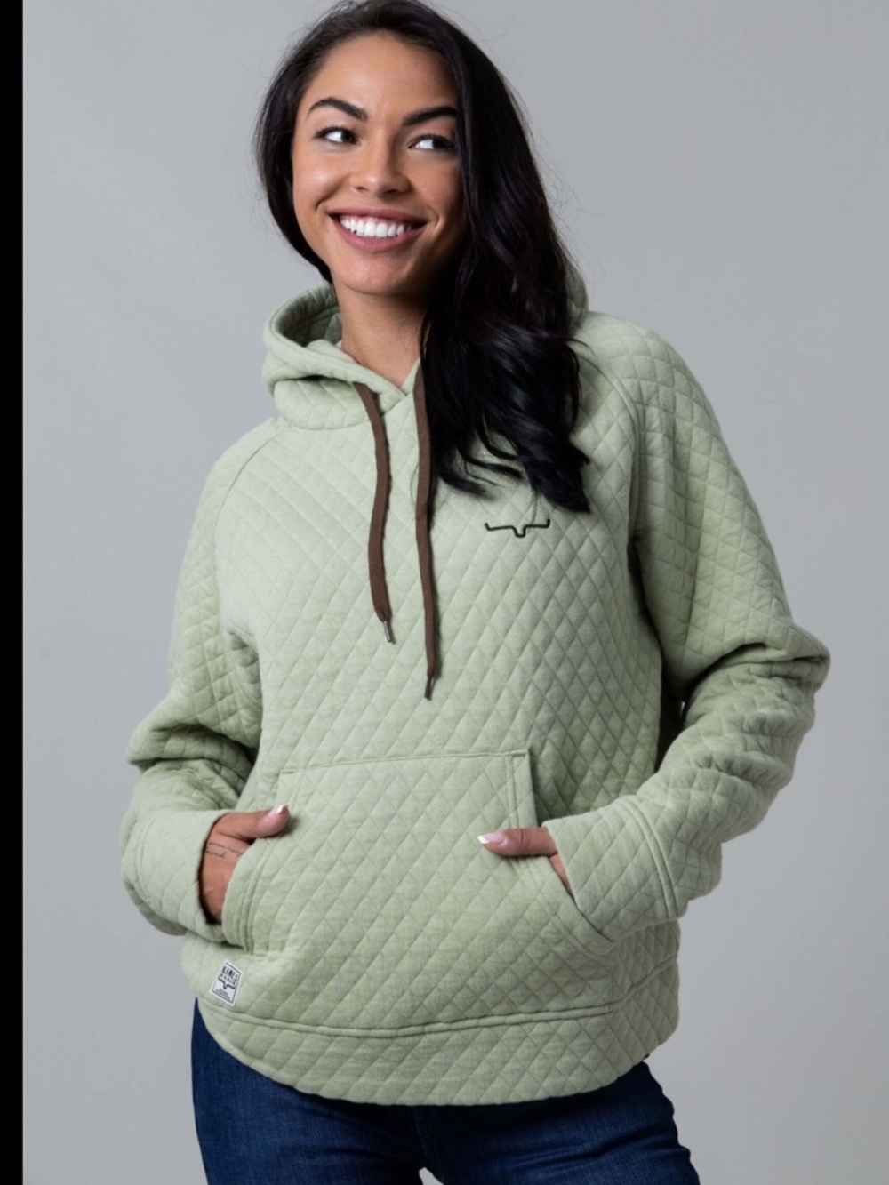Kimes Ranch Angel Fire Quilted Hoodie Small Cropped Western Pullover Sage Green